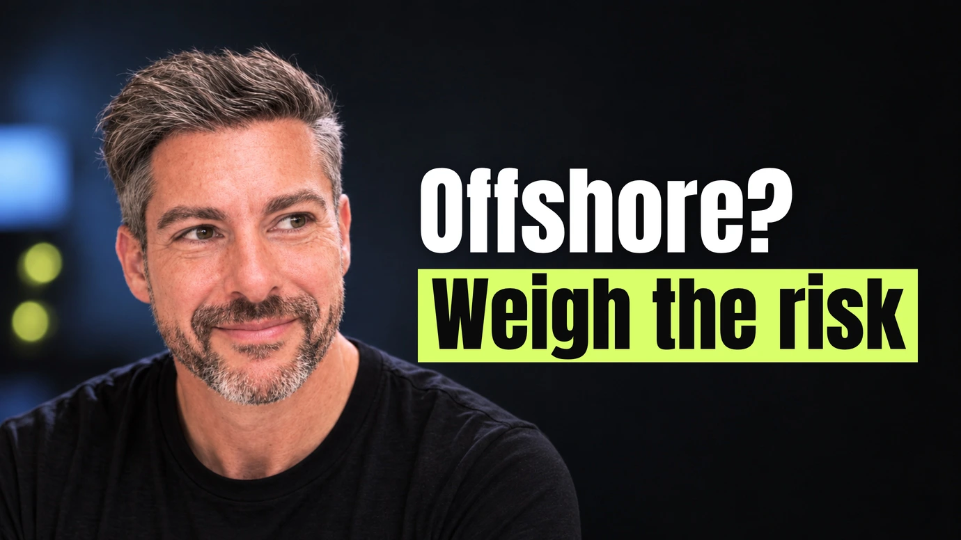 James Ansell, founder of Code23, with a thoughtful look beside the headline Offshore? Weigh the risk