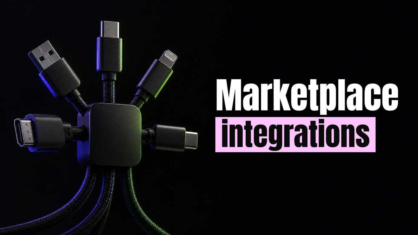 A hub with USB and Lightning connectors plugged in from every side beside the headline Marketplace integrations