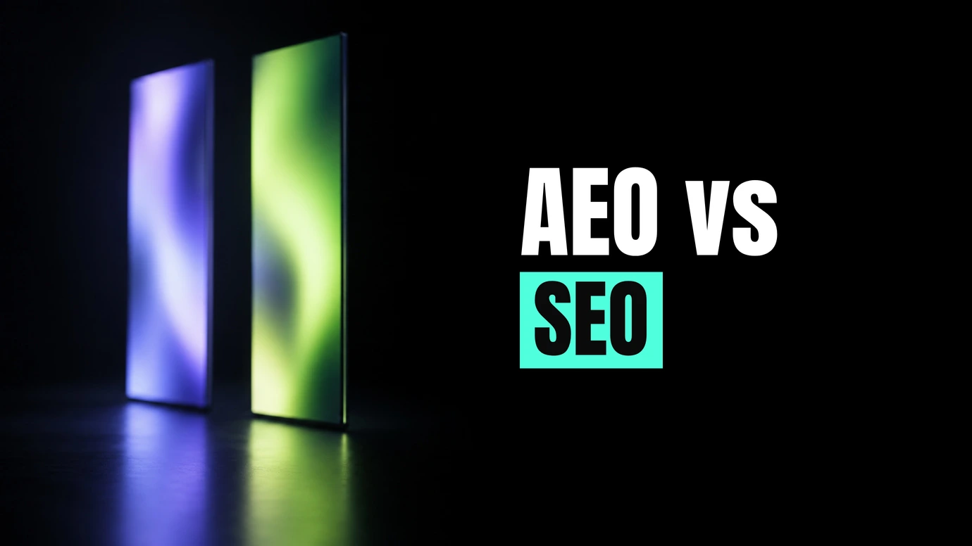 Two glowing panels of light standing side by side beside the headline AEO vs SEO