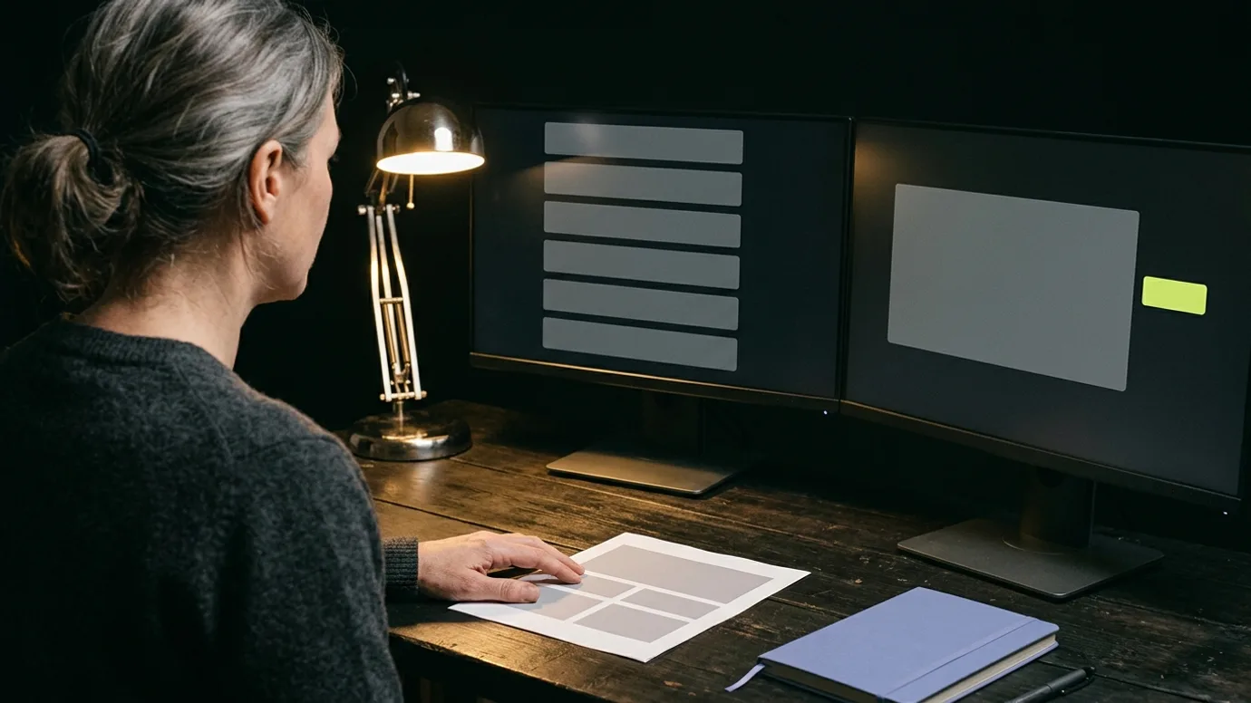 Conceptual photograph: a strategist at a dark desk comparing a blank search results list on one screen with an AI answer panel on the other