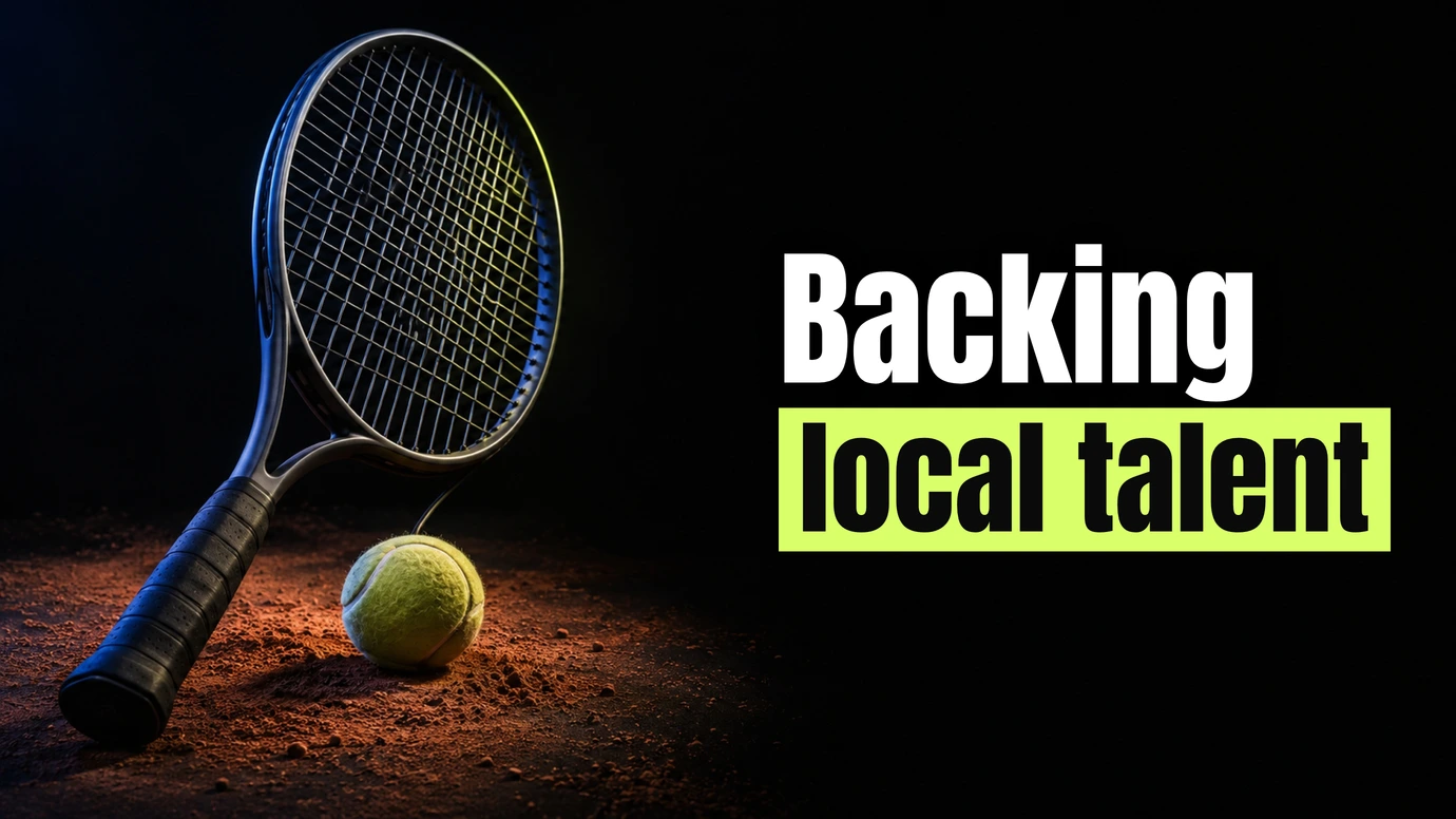 A tennis racket and ball lit in a dark studio, evoking grassroots sports sponsorship beside the headline Backing local talent