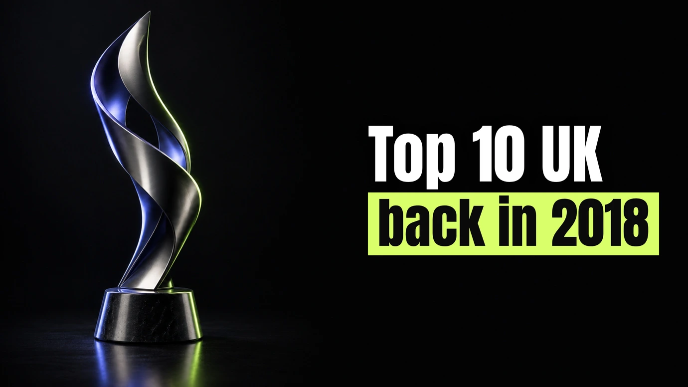Abstract award trophy form lit in periwinkle and lime against a dark studio background beside the headline Top 10 UK back in 2018