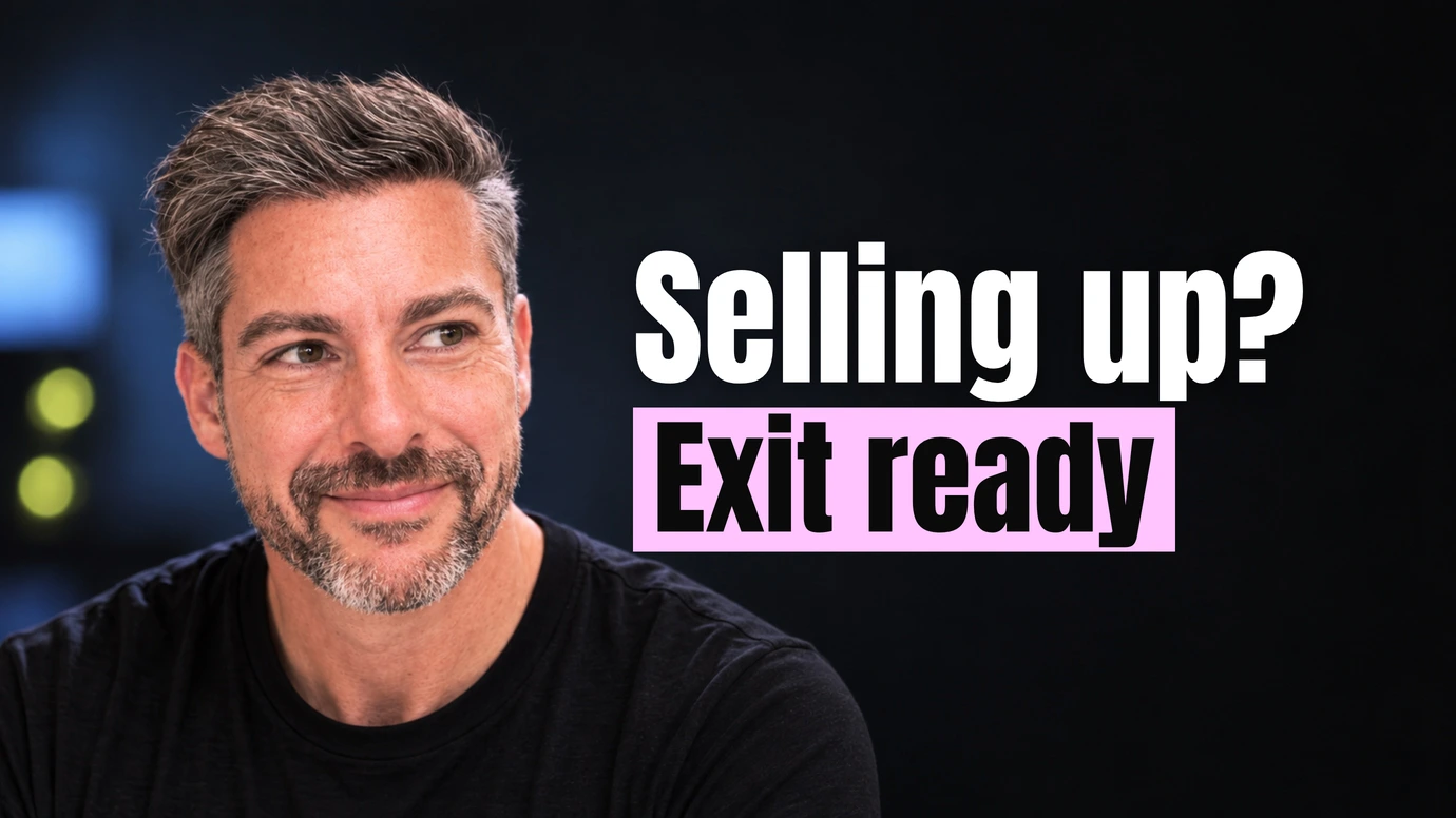 James Ansell, founder of Code23, with a thoughtful look beside the headline Selling up? Exit ready