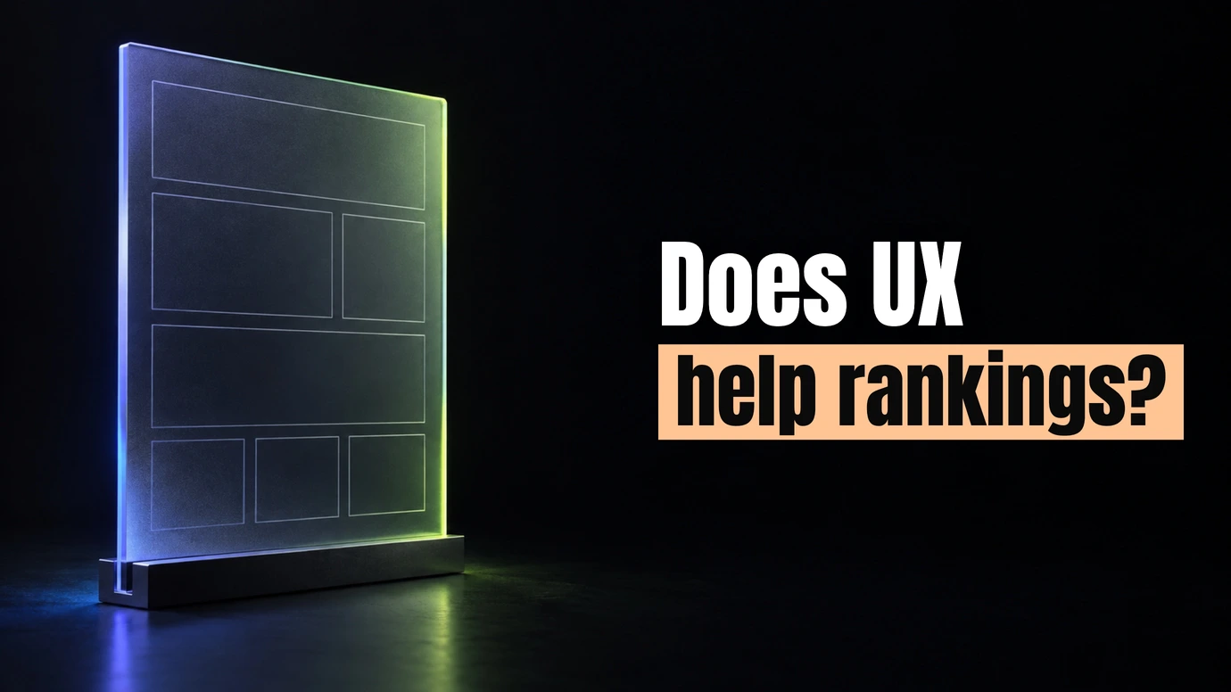 A glass panel etched with a page layout wireframe beside the headline Does UX help rankings?