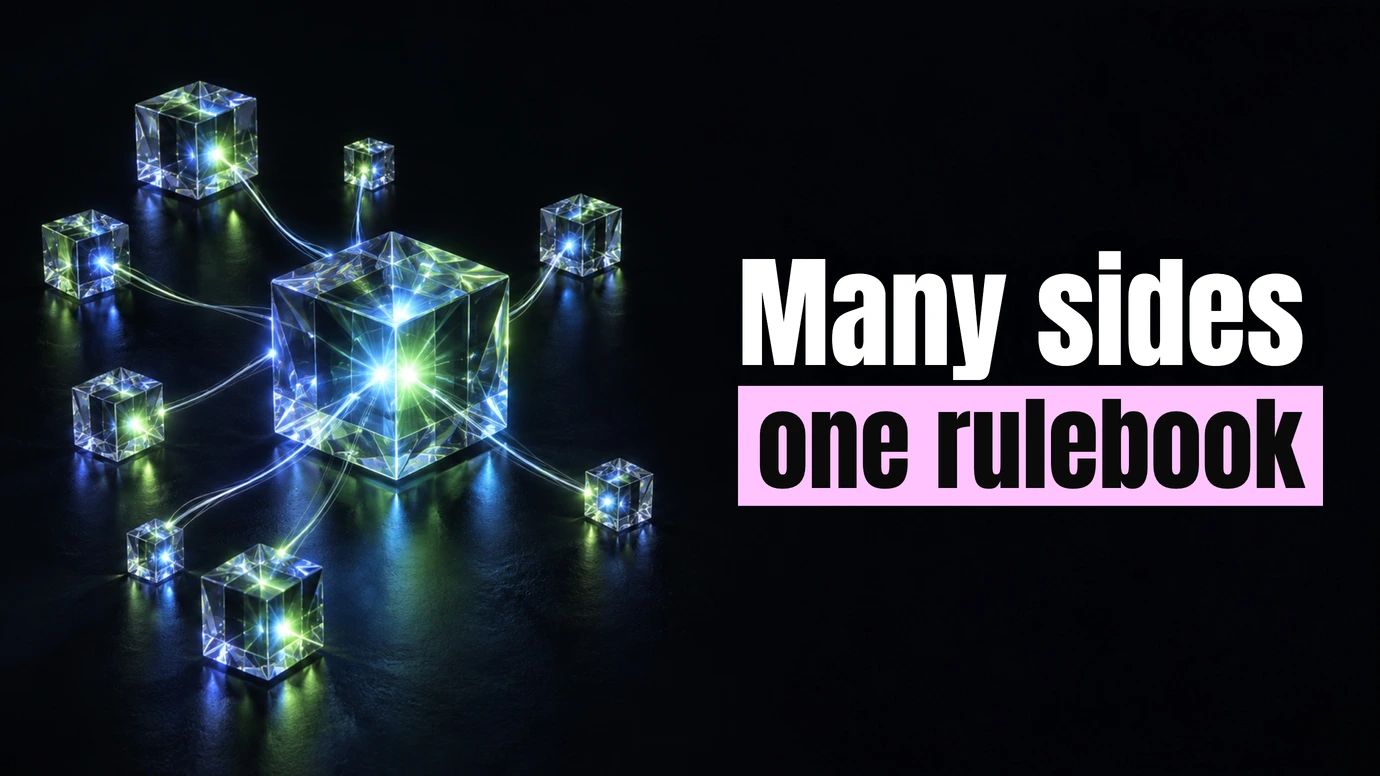 Small glass cubes linked to one glowing central cube beside the headline Many sides, one rulebook