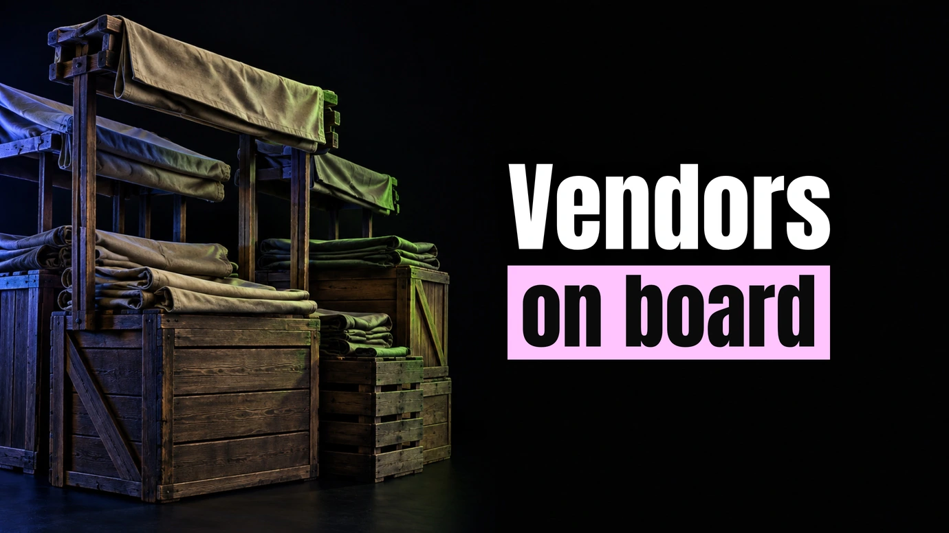 Wooden market stall crates and folded awnings beside the headline Vendors on board