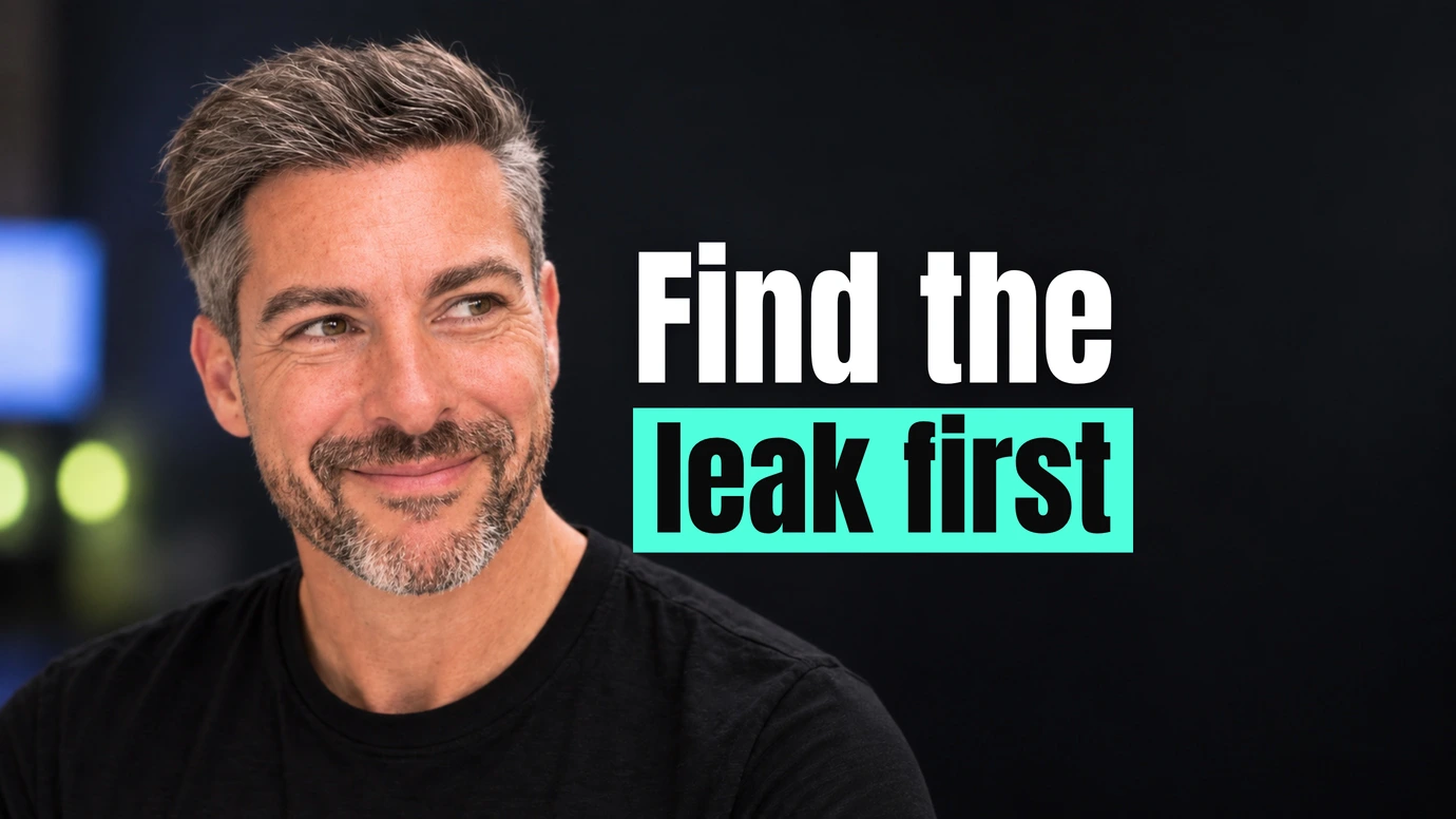 James Ansell, founder of Code23, with a knowing half smile beside the headline Find the leak first