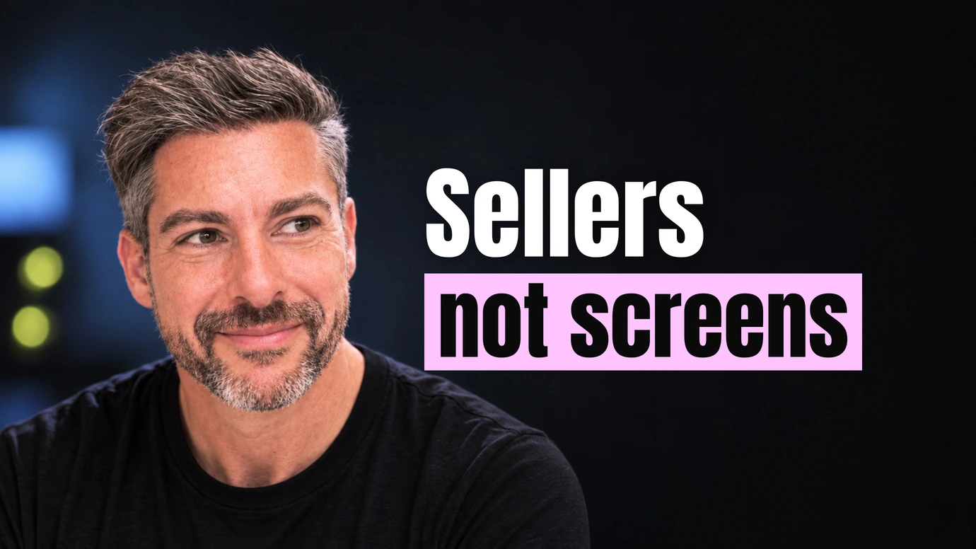 James Ansell, founder of Code23, with a thoughtful look beside the headline Sellers not screens