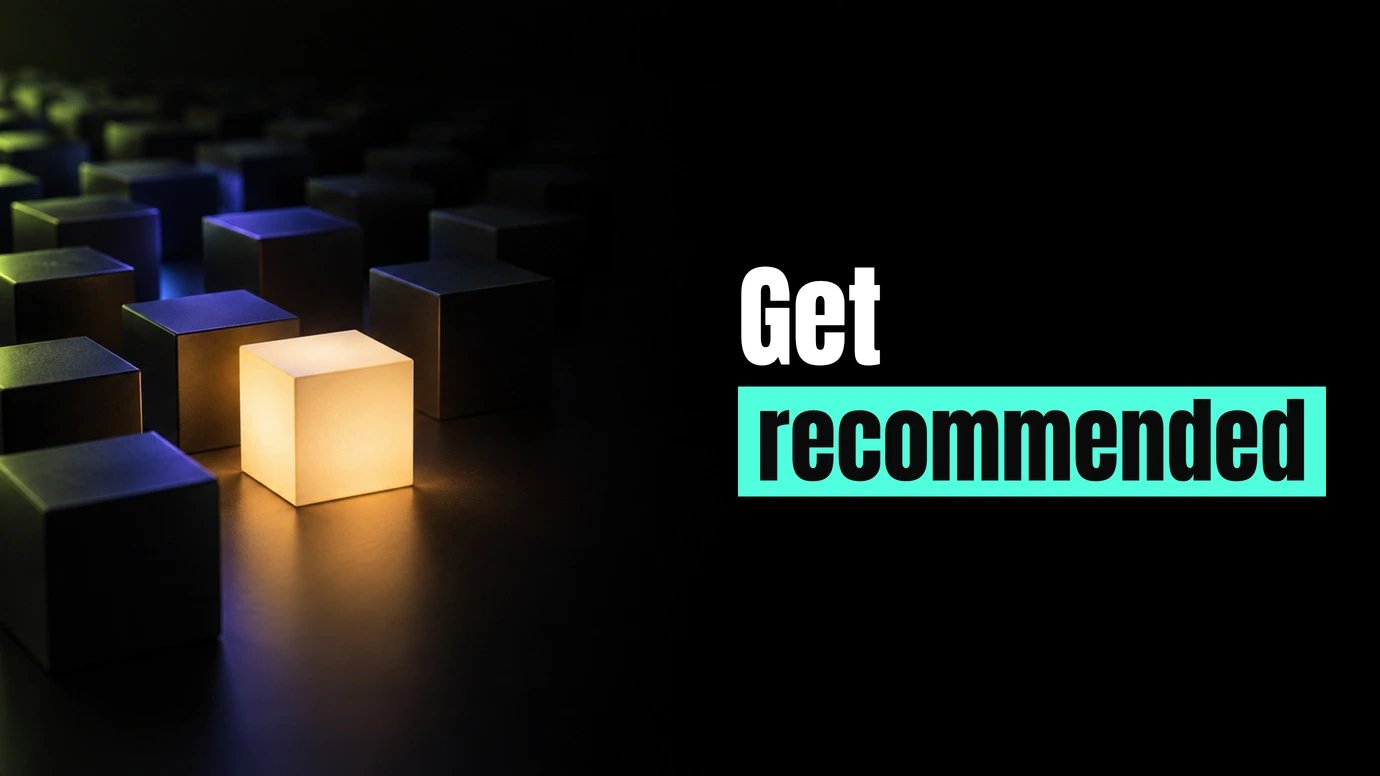 One glowing cube standing out from rows of dark blocks beside the headline Get recommended