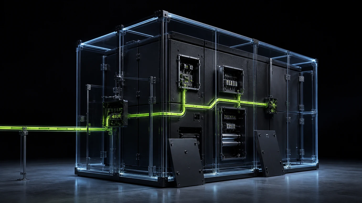 A protected modular service core with a lime maintenance rail connecting accessible inspection points