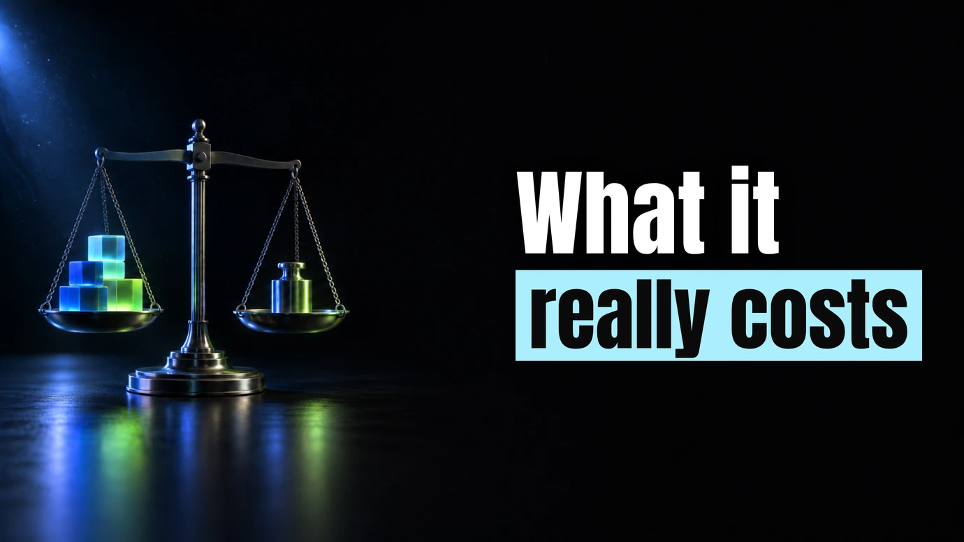A balance scale weighing glowing cubes against a weight beside the headline What it really costs