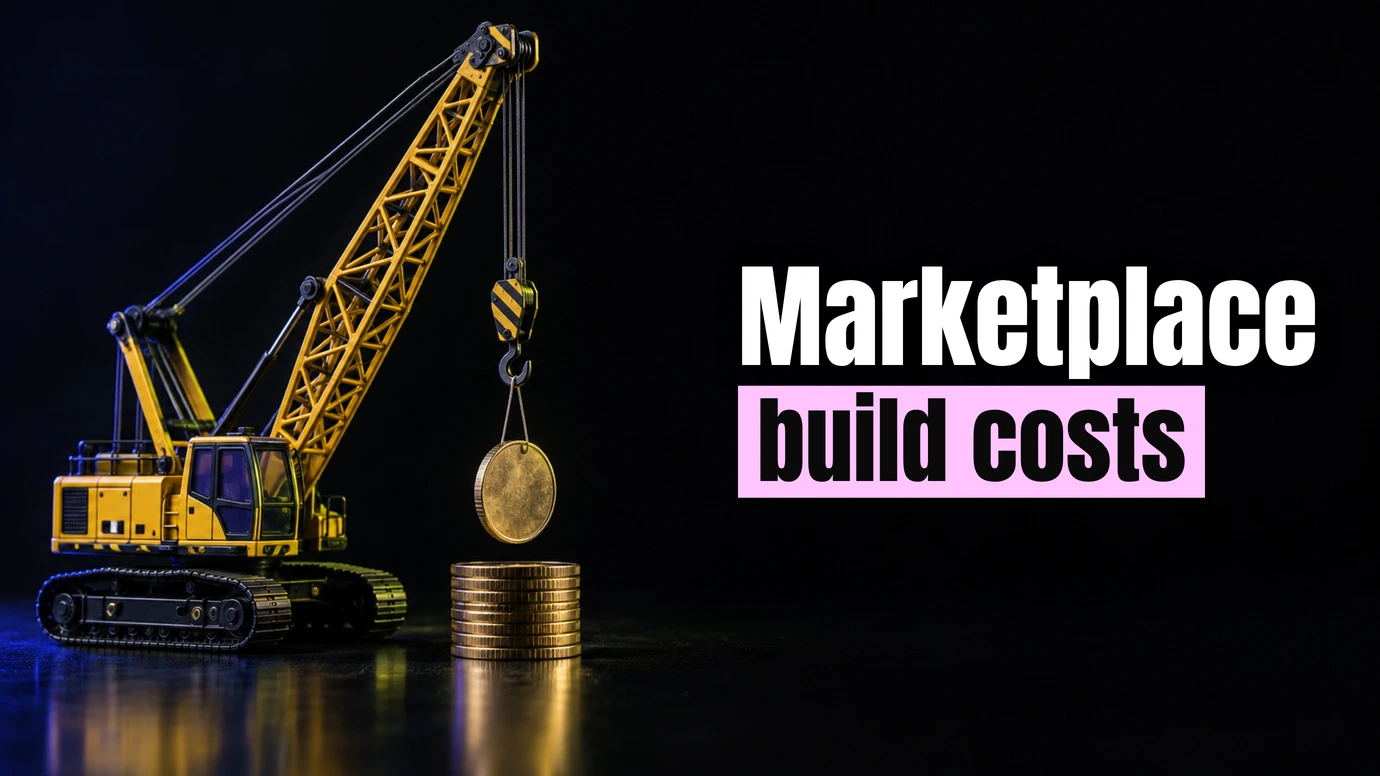 A miniature crane lifting a coin onto a stack beside the headline Marketplace build costs