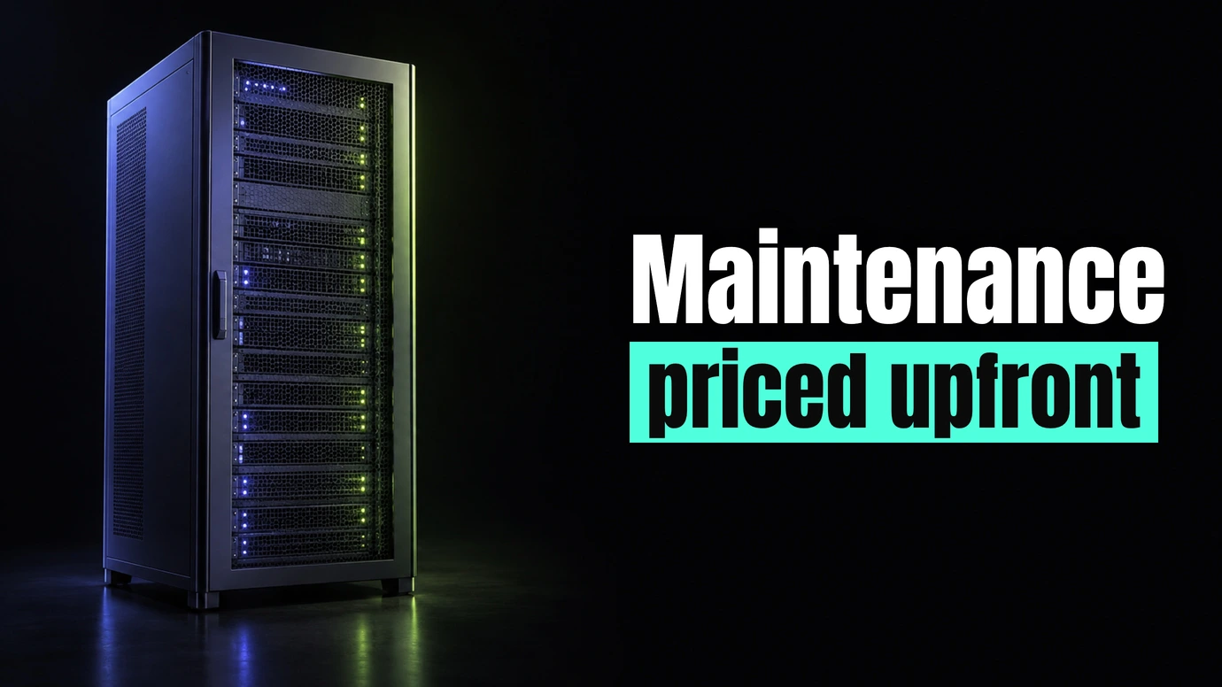 A server rack lit with small status lights beside the headline Maintenance priced upfront