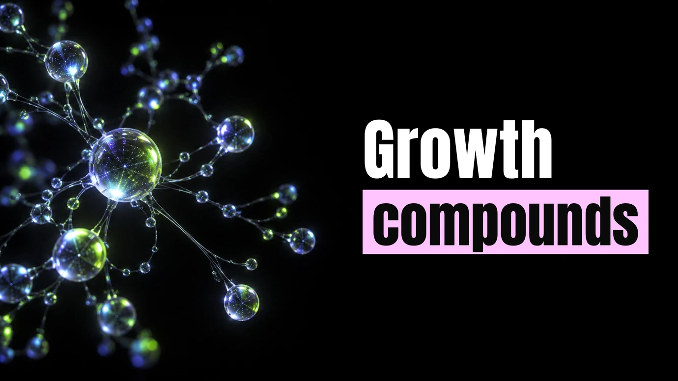 A branching network of glass spheres beside the headline Growth compounds