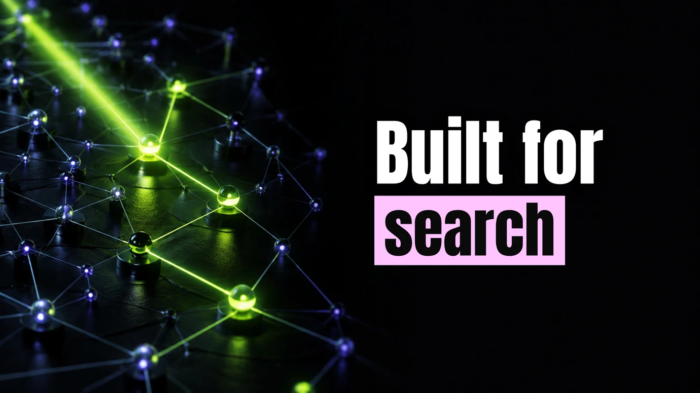 A glowing network of linked nodes beside the headline Built for search