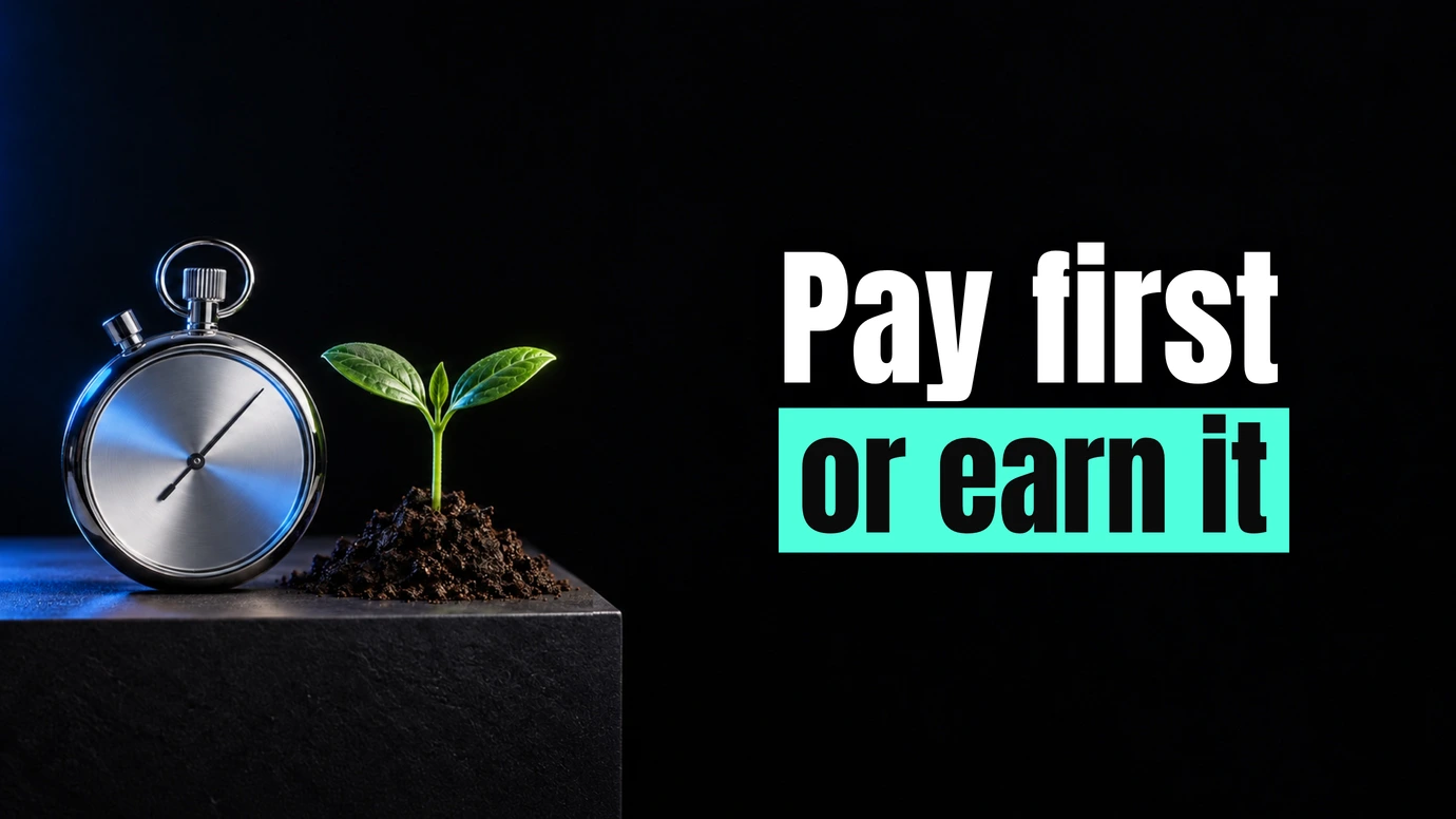 A stopwatch beside a seedling growing in soil beside the headline Pay first or earn it