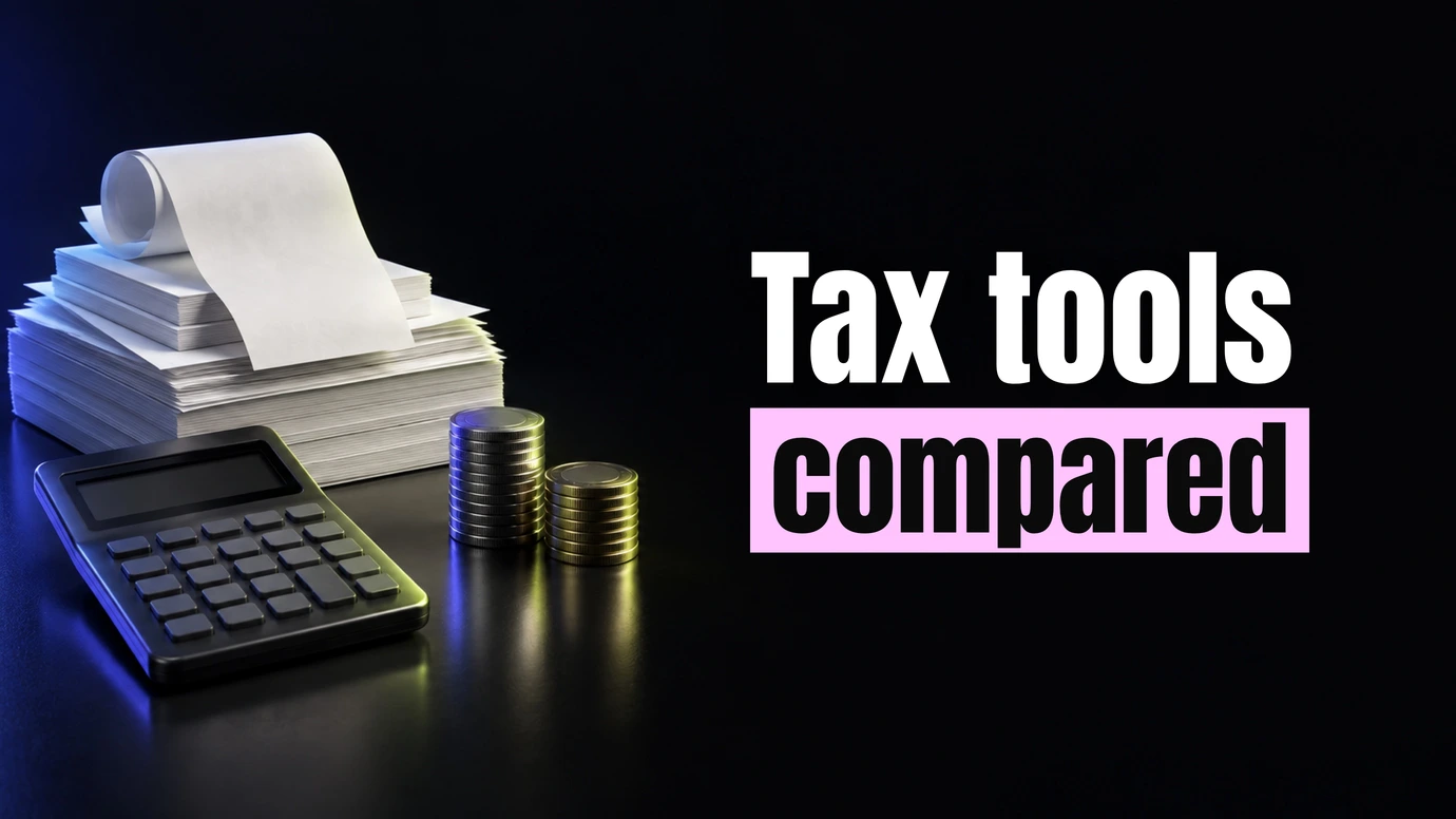 A calculator, a receipt roll and stacked coins beside the headline Tax tools compared