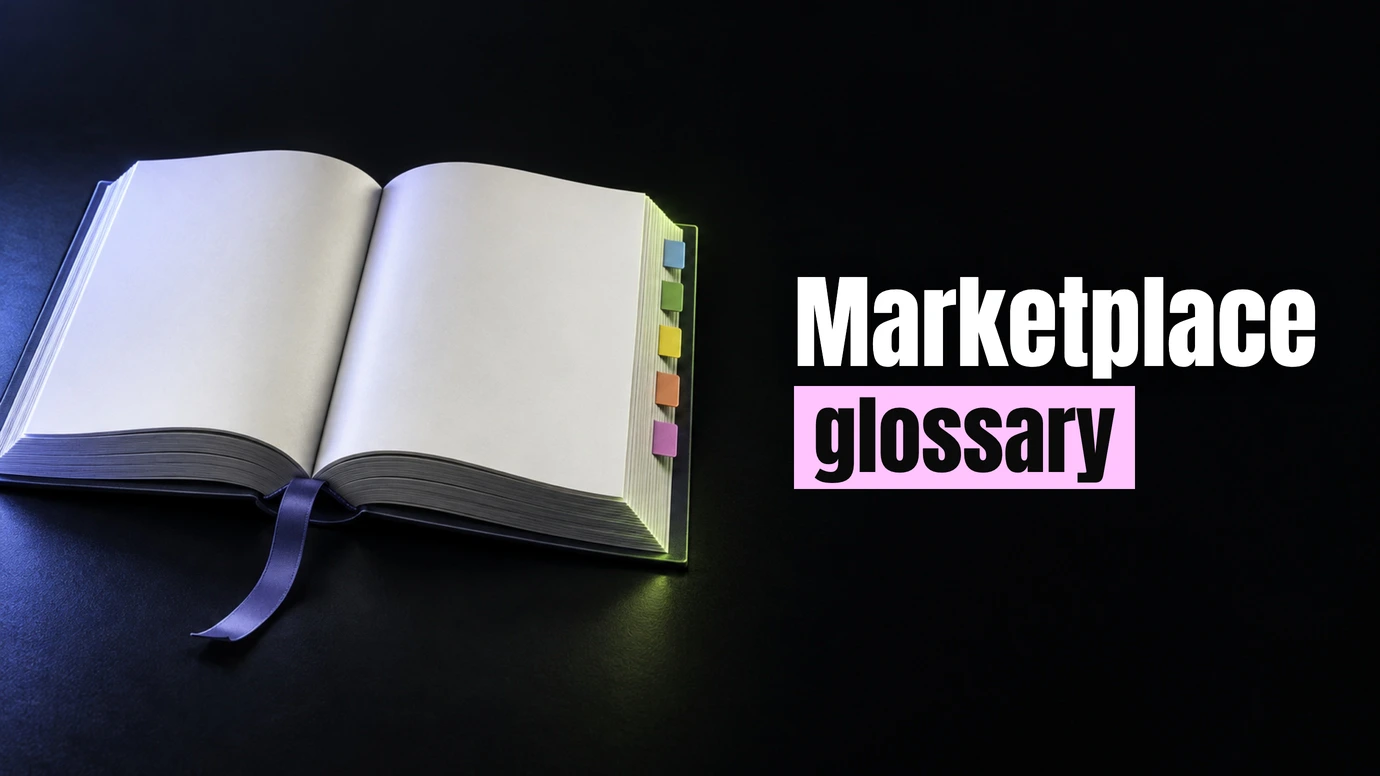 An open reference book with coloured index tabs and a ribbon marker beside the headline Marketplace glossary