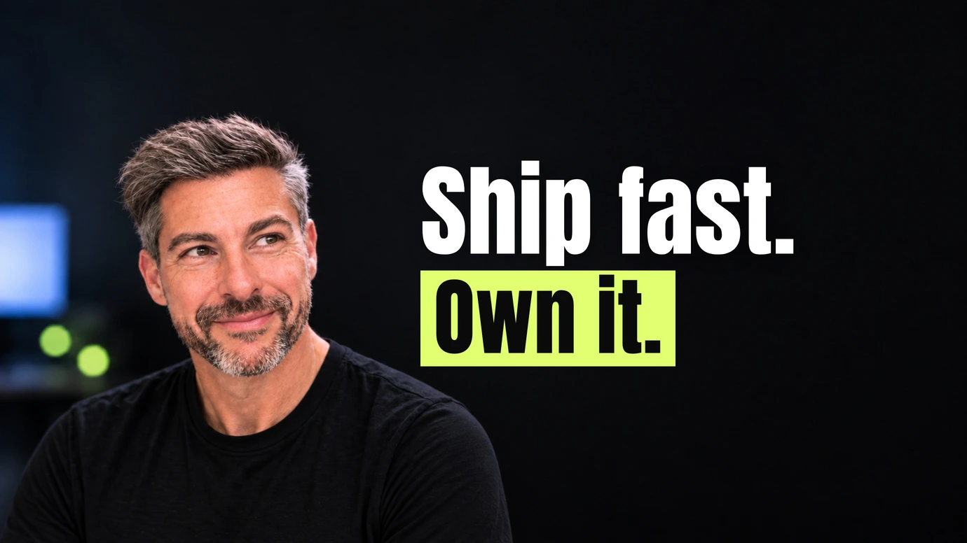 James Ansell, founder of Code23, with a sceptical smile beside the headline Ship fast. Own it.