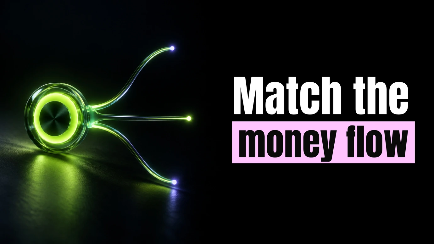 A glowing ring with lines of light branching out to several points beside the headline Match the money flow