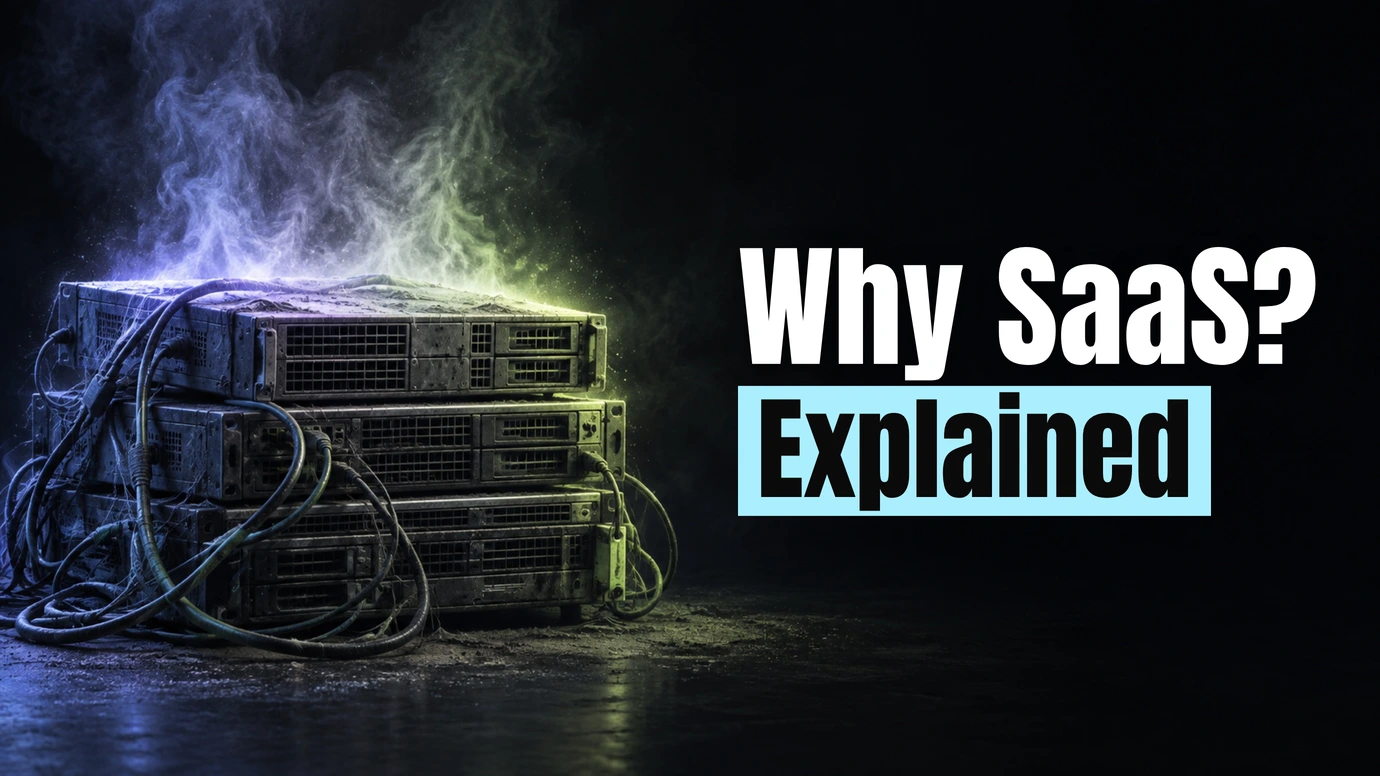 A stack of old servers tangled in cables with smoke rising beside the headline Why SaaS? Explained