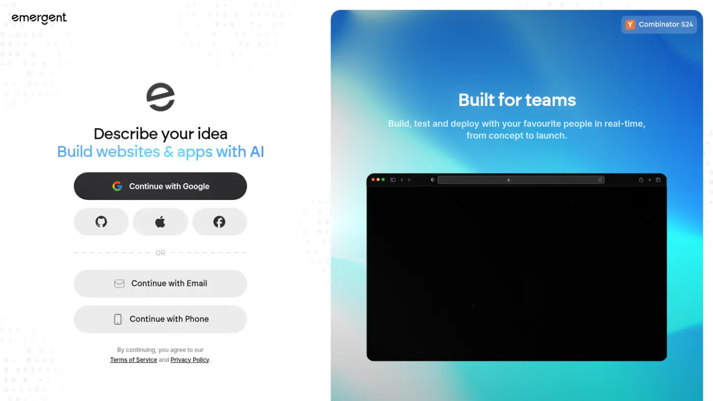 The Emergent homepage introducing its end-to-end AI app builder