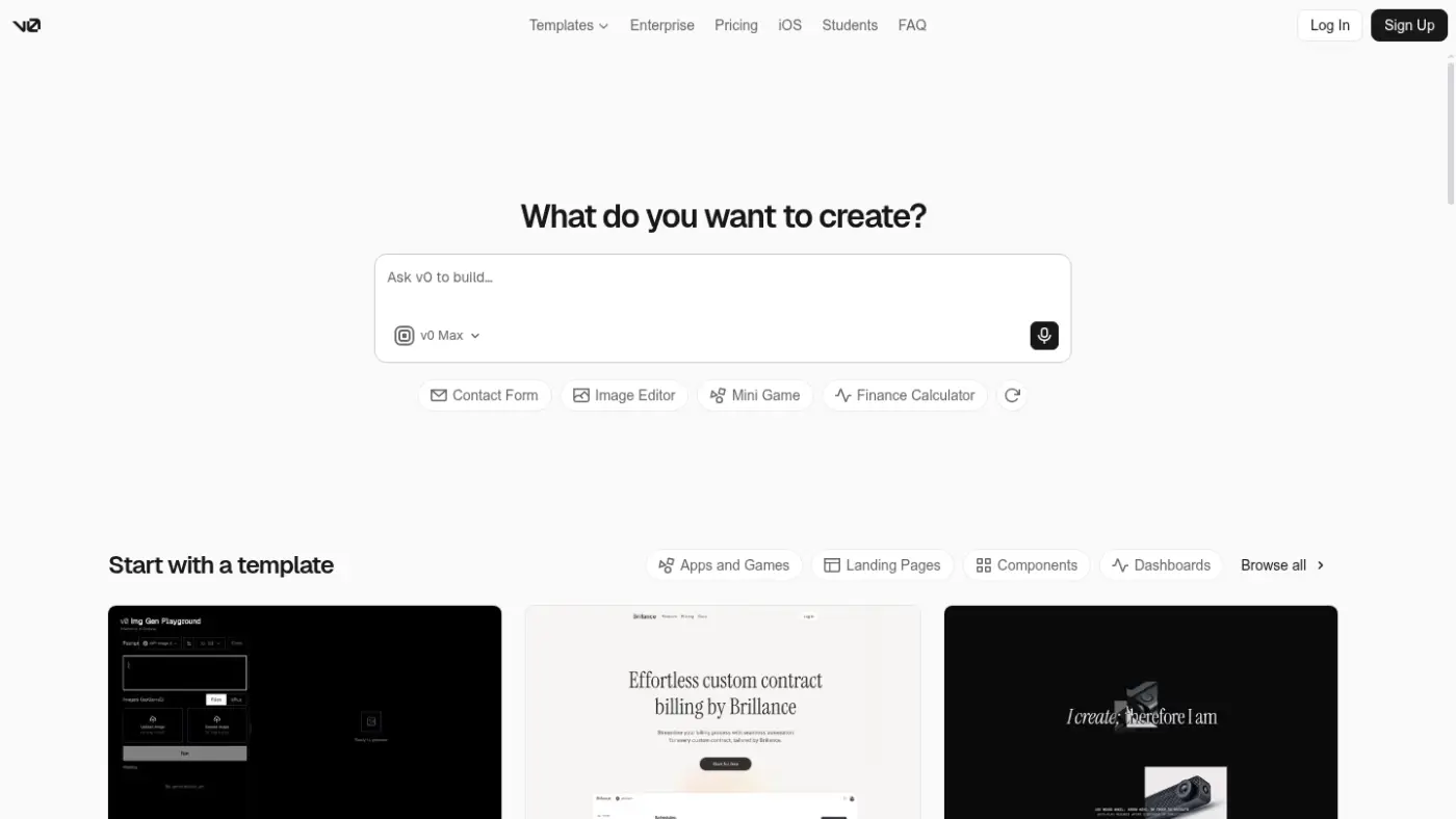 The v0 homepage showing its AI interface-building product