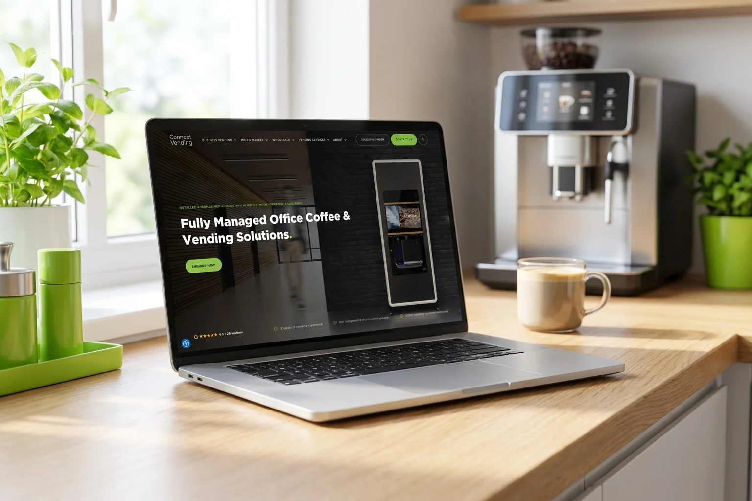 Connect Vending website shown in an art-directed device setting