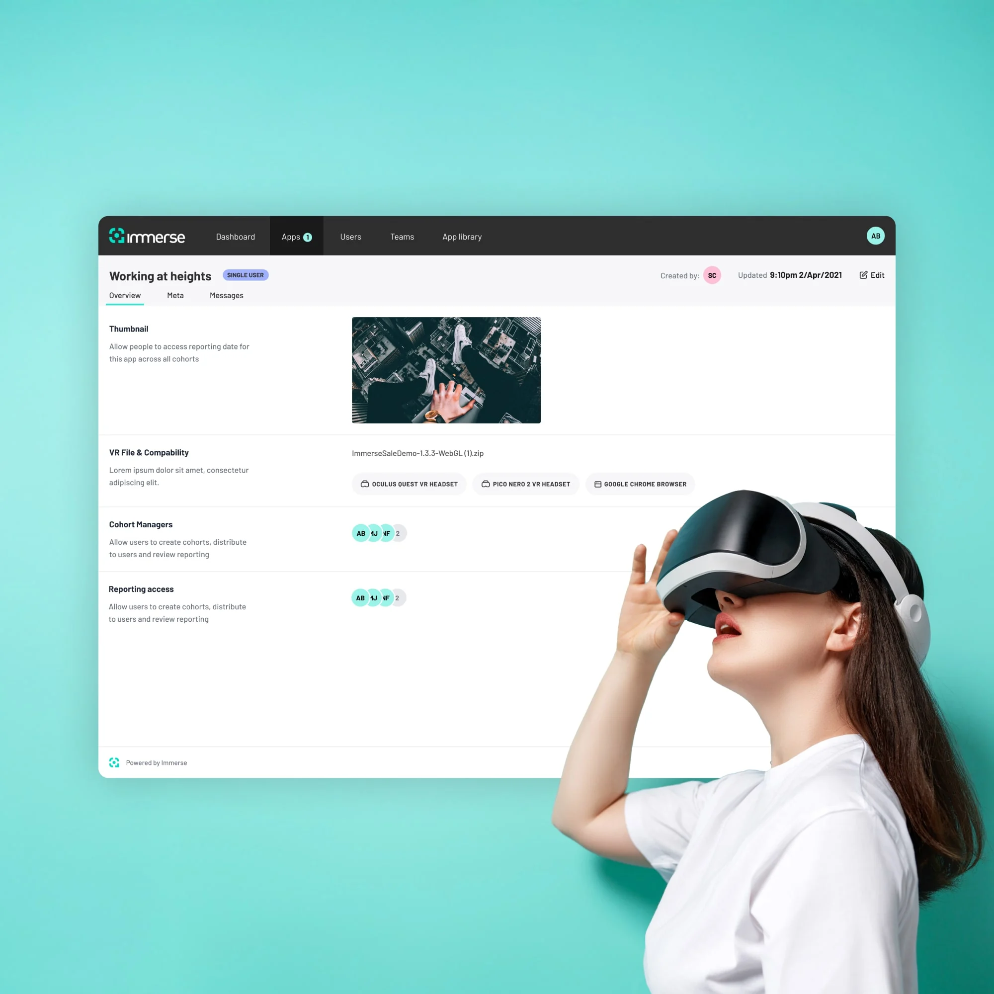 Immerse VR website shown in an art-directed device setting