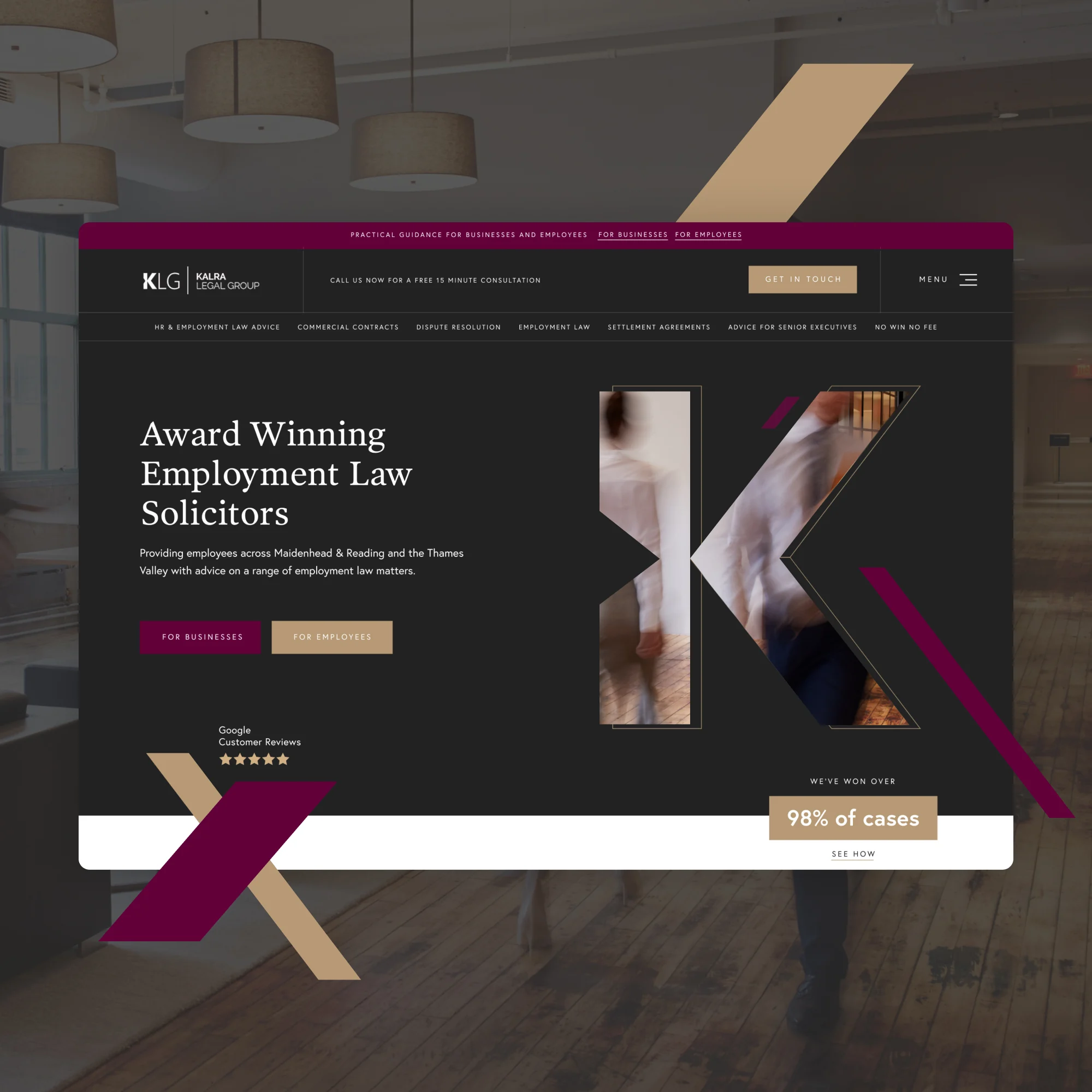 KLG Law website shown in an art-directed device setting