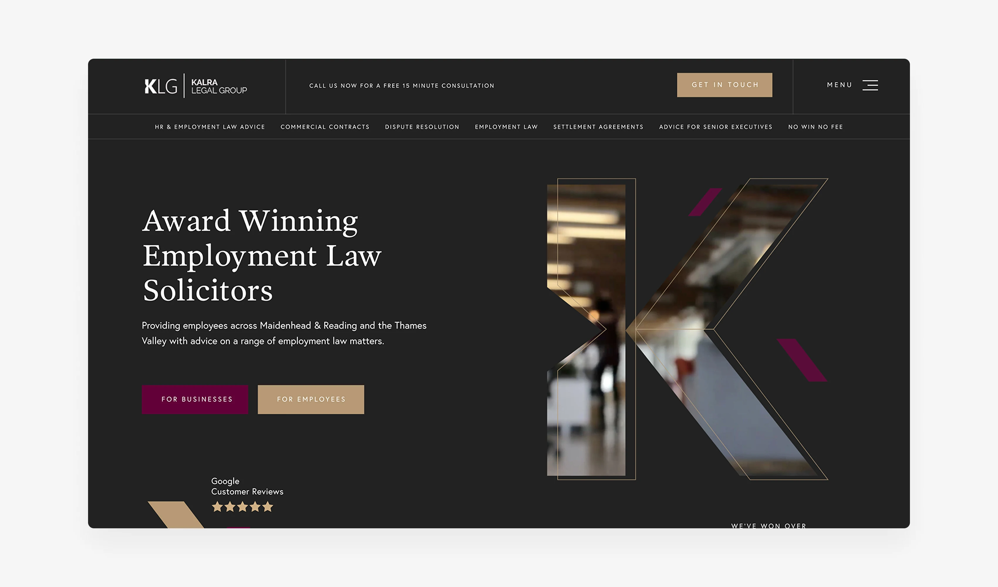 KLG Law homepage for an employment law firm, showing the hero headline, service menu and five Google review stars