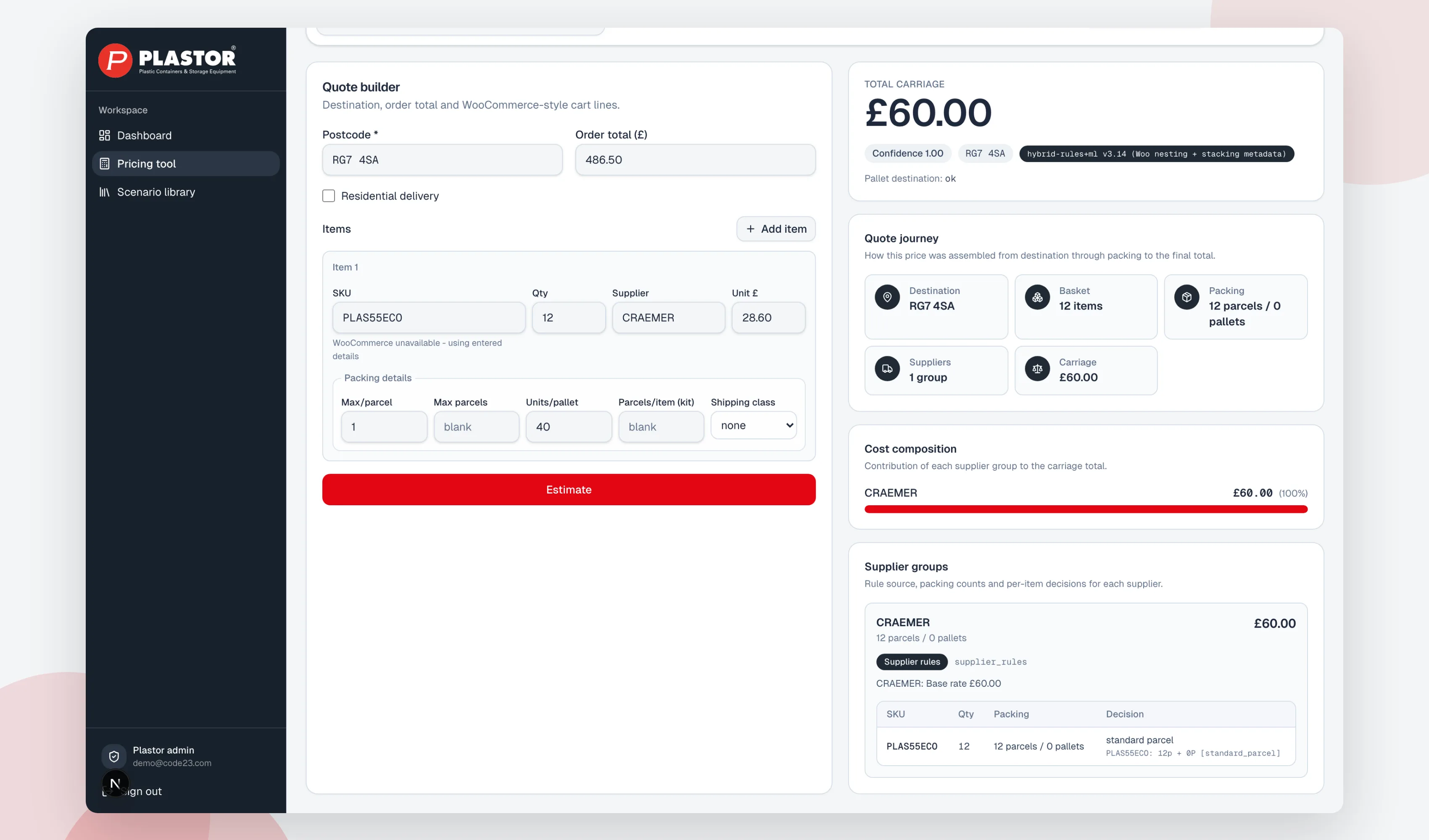 Plastor pricing tool quote builder showing a postcode, order total and packing details next to the total carriage cost, a confidence score and cost composition by supplier
