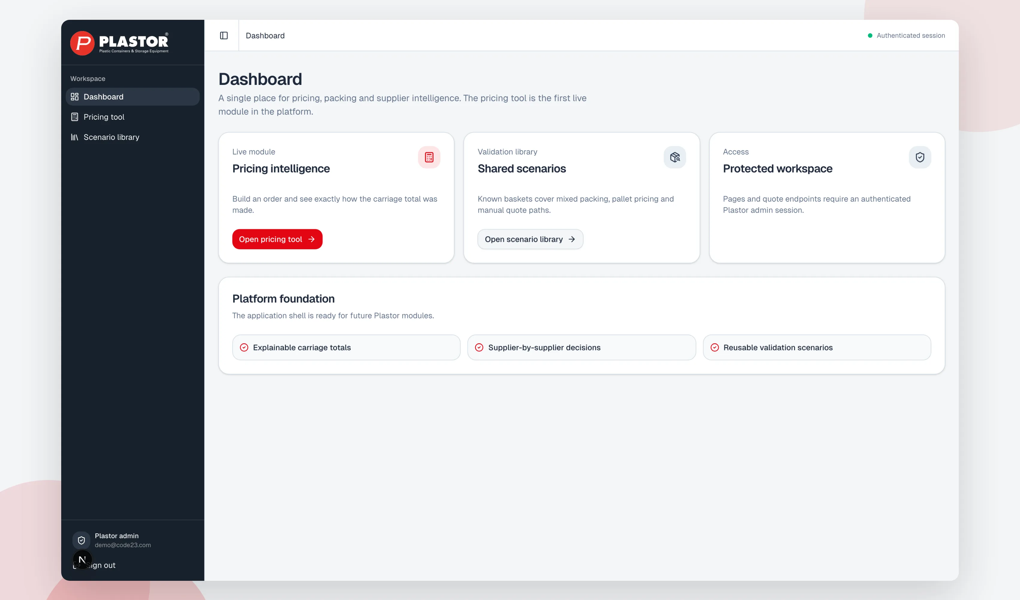 Plastor's admin dashboard for the pricing engine, listing the live pricing intelligence tool, a shared scenario library for validation, and a note that pages require an authenticated session