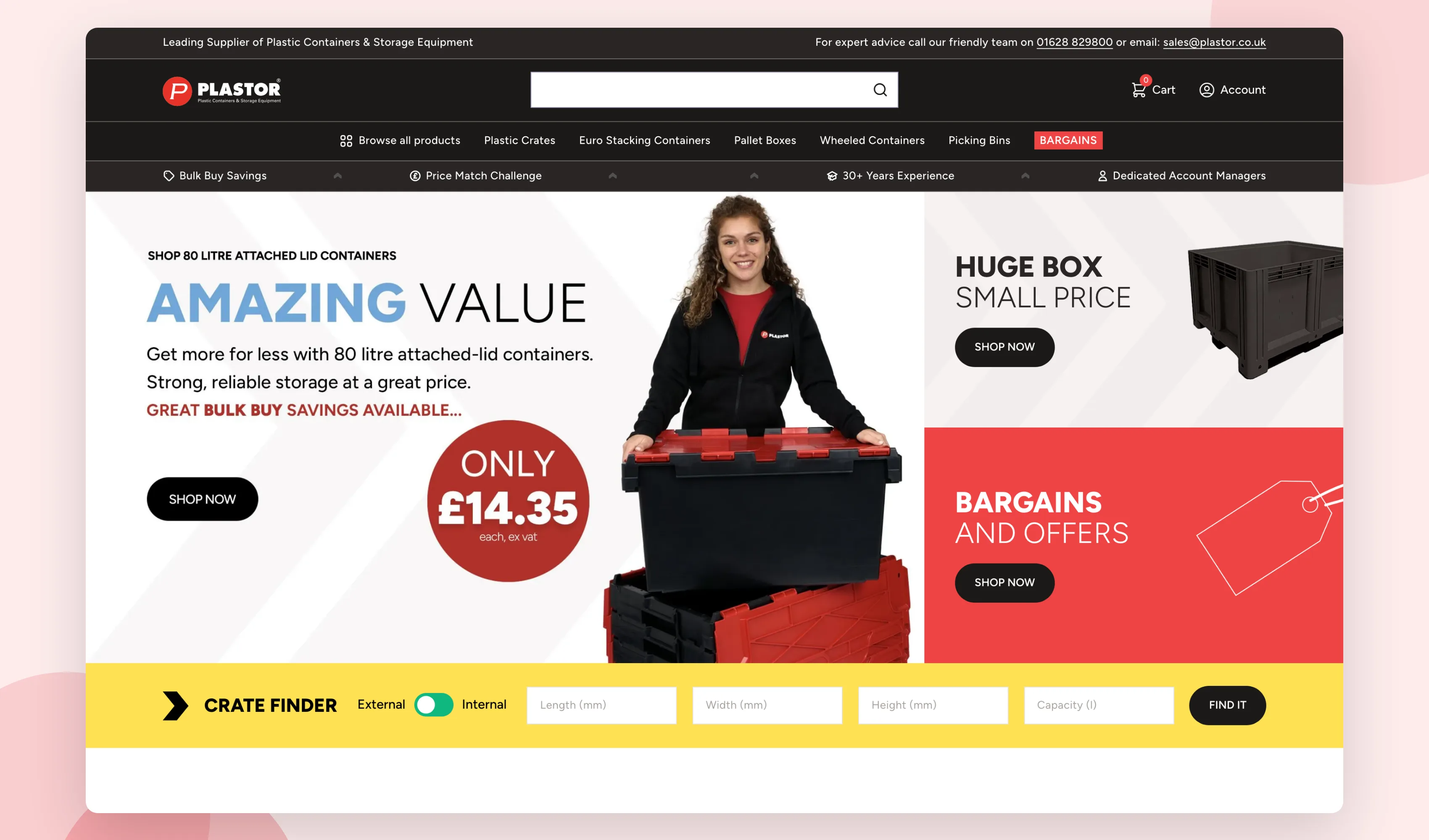 Plastor's WooCommerce storefront homepage with promotional banners, a Crate Finder tool and product navigation for plastic storage containers