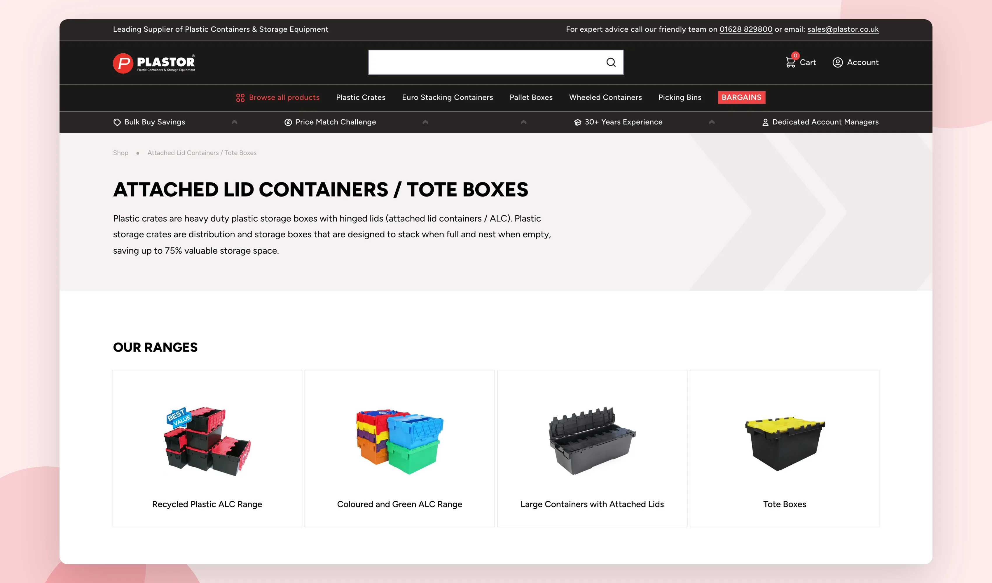 Plastor's Attached Lid Containers category page with a breadcrumb trail and four subcategory tiles