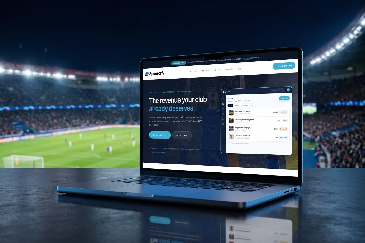 Sponsorfy marketplace shown in a floodlit stadium setting