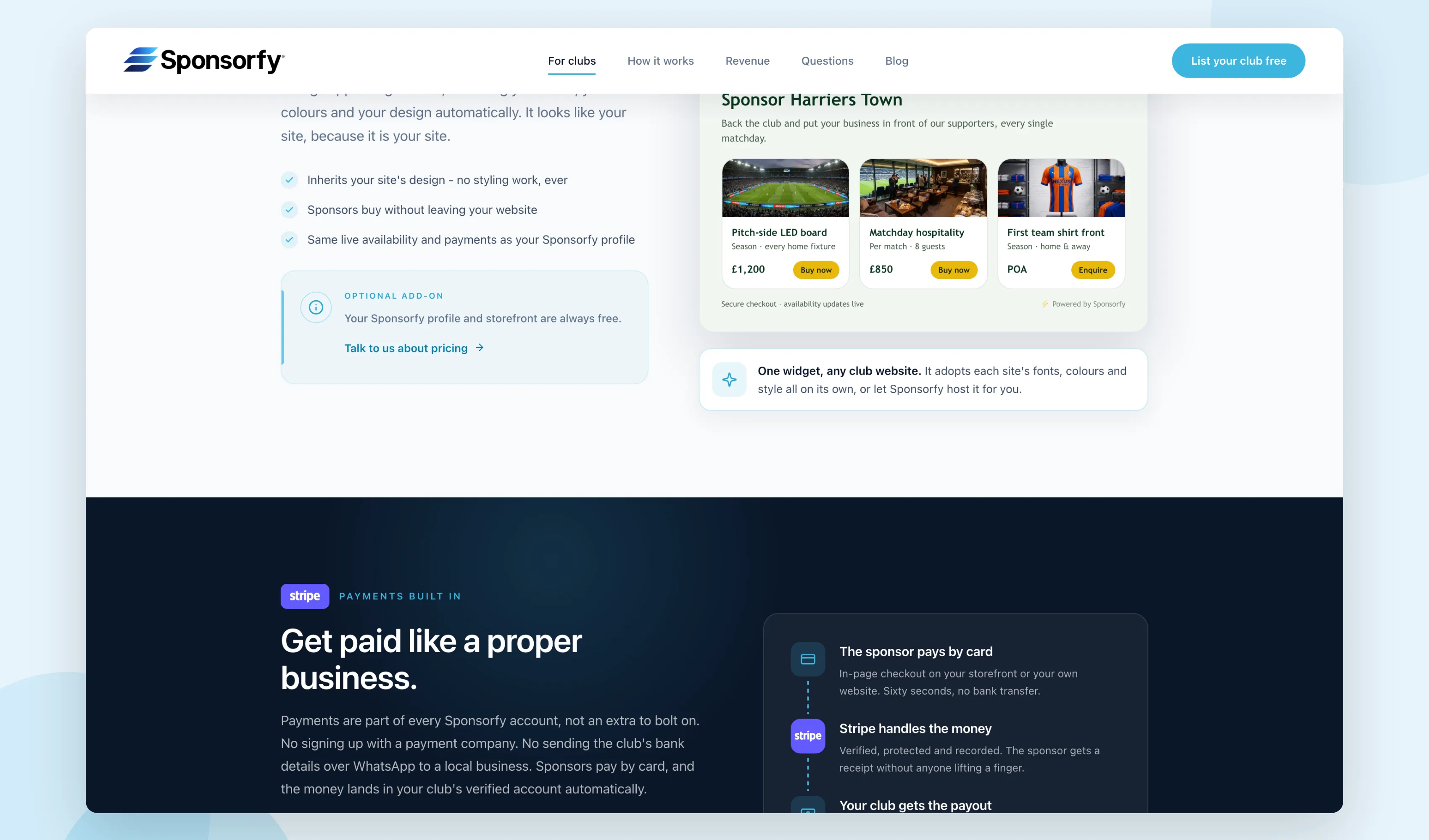 Sponsorfy club sponsorship marketplace showing the embeddable storefront and built-in payments for clubs
