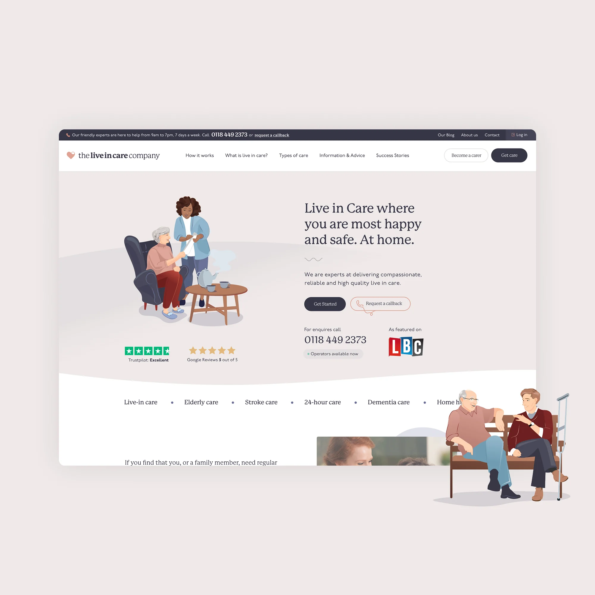 The Live-in Care Company website shown in an art-directed device setting