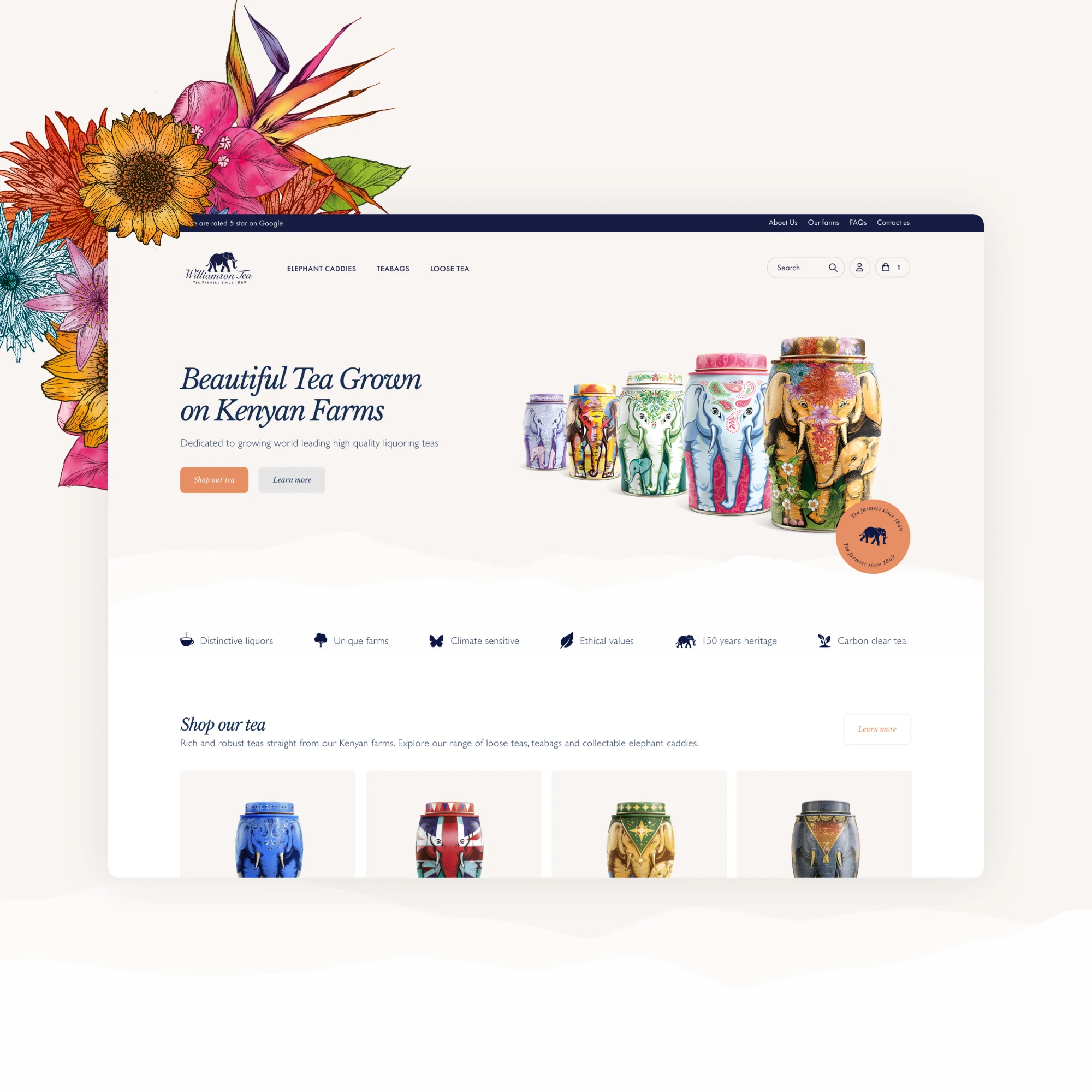 Williamson Tea website shown in an art-directed device setting