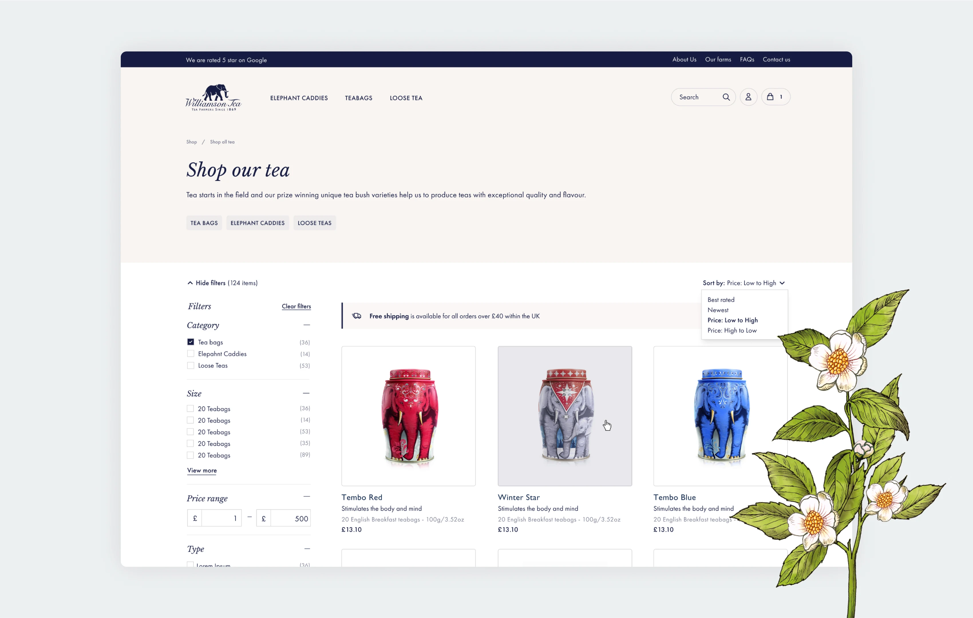 Williamson Tea's 'Shop our tea' category page showing filters for category, size and price alongside product listings and a sort menu
