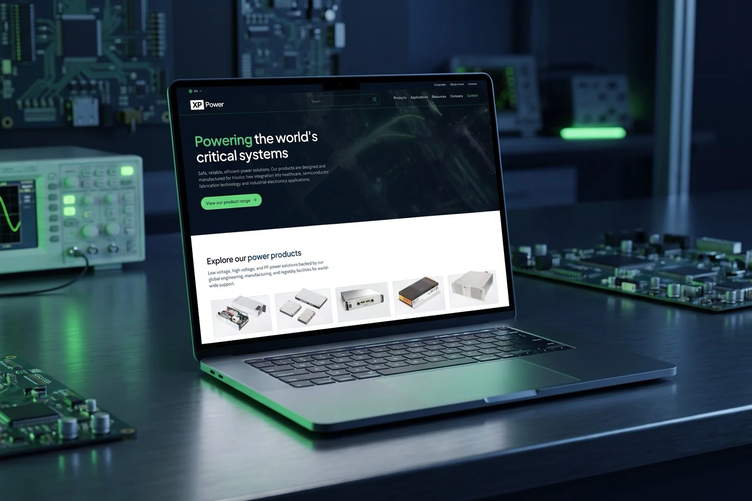 XP Power website shown in an art-directed device setting